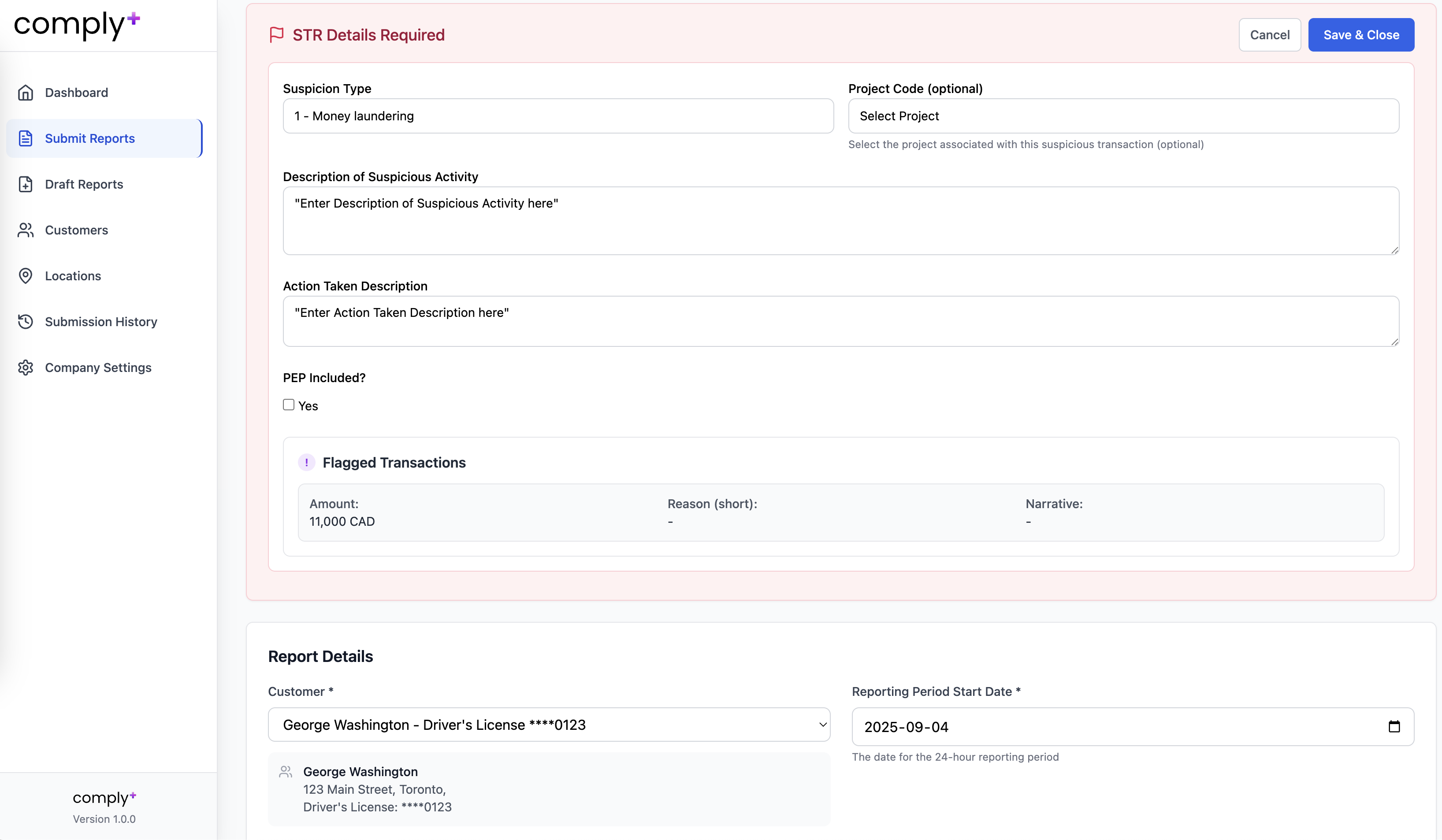 STR addon interface showing suspicious activity fields.